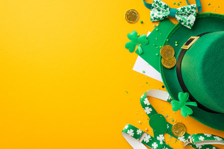 Top view photo of St Patrick's Day party accessories leprechaun cap suspenders gold coins envelope postcard trefoils bow-tie and sprinkles on isolated yellow background with empty spaceの写真素材