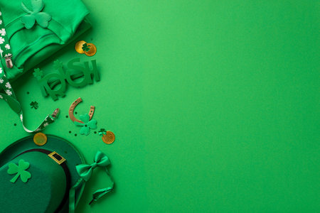 St. Patrick's Day concept. Top view photo of green shirt irish party glasses suspenders bow-tie leprechaun hat shamrocks horseshoe gold coins and confetti on isolated green background with copyspaceの写真素材
