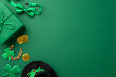 Saint Patrick's Day concept. Top view photo of present box leprechaun hat bow-tie gold coins horseshoe and clovers on isolated green background with copyspaceの写真素材