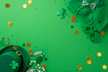 Saint Patrick's Day concept. Top view photo of green shirt irish party glasses suspenders bow-tie leprechaun hat trefoils horseshoe gold coins and confetti on isolated green background with copyspaceの写真素材