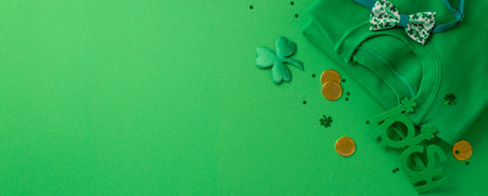 St. Patrick's Day concept. Top panoramic view photo of green sweater irish party glasses bow-tie...