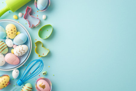 Easter celebration concept. Top view photo of dish with colorful easter eggs kitchen utensils rolling-pin whisk paper baking molds and sprinkles on isolated pastel blue background with copyspaceの写真素材