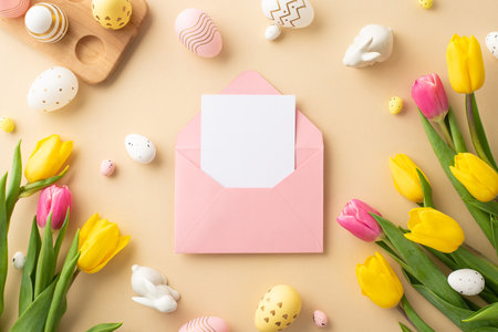 Easter concept. Top view photo of pink envelope with letter colorful easter eggs ceramic bunnies yellow and pink tulips and wooden egg holder on isolated pastel beige background with blank spaceの写真素材