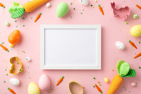 Easter concept. Top view photo of photo frame colorful easter eggs baking molds carrots and...