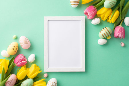 Easter celebration concept. Top view photo of white photo frame colorful easter eggs and bunches of...