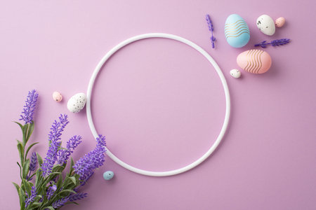Easter concept. Top view photo of empty circle pink blue white easter eggs and bouquet of lavender flowers on isolated lilac background with blank spaceの写真素材
