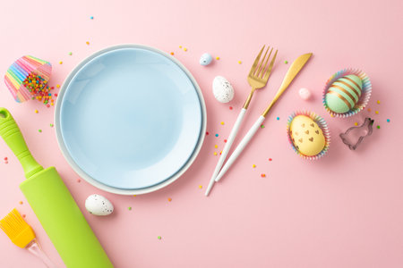Easter celebration concept. Top view photo of empty blue plates knife fork rolling pin brush colorful easter eggs in paper baking molds and sprinkles on isolated pastel pink backgroundの写真素材