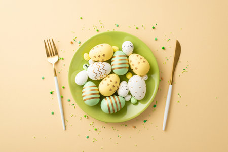 Easter celebration concept. Top view photo of green plate full of colorful easter eggs cutlery fork knife and sprinkles on isolated beige backgroundの写真素材