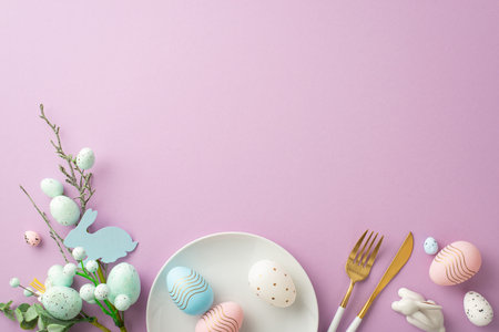 Easter concept. Top view photo of plate with blue pink white eggs fork knife floral decor and...