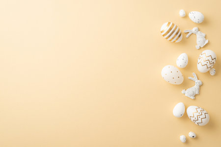 Easter atmosphere concept. Top view photo of white and gold easter eggs and easter bunny silhouettes on isolated light beige background with blank spaceの写真素材