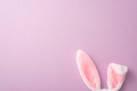Easter celebration concept. Top view photo of fluffy easter bunny ears on isolated lilac background with copyspaceの写真素材