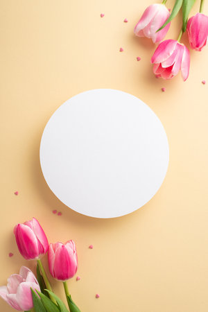 Mother's Day decoration concept. Top view vertical photo of white empty circle bouquets of pink tulips and heart shaped sprinkles on isolated pastel beige background with copyspaceの写真素材