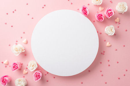 Mother's Day celebration concept. Top view photo of white blank circle white and pink roses small hearts and sprinkles on isolated pastel pink background with copyspaceの写真素材