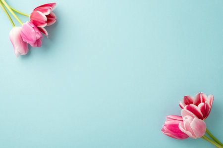 mother's day concept. Top view photo of pink tulips on isolated pastel blue background with copyspaceの写真素材