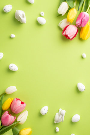 Easter celebration concept. Top view vertical photo of quail eggs fresh flowers bunches of colorful tulips and ceramic bunnies on isolated light green background with copyspace in the middleの写真素材