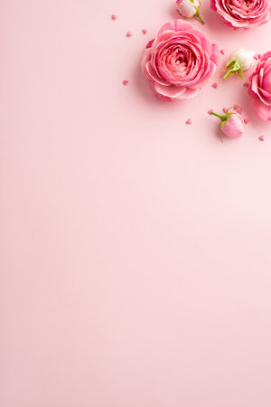 Women's day concept. Top view vertical photo of pink peony rose buds and sprinkles on isolated pastel pink background with copyspaceの写真素材