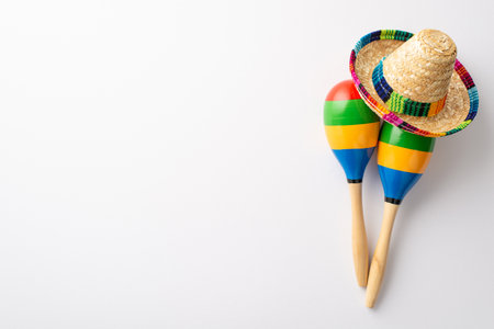 Top view photo of two colorful striped maracas with mexican hat isolated white backdrop with space...