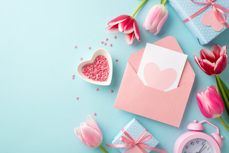 mother's day concept. Top view photo of pink open envelope with postcard tulips present boxes alarm clock and heart shaped saucer with sprinkles on isolated pastel blue backgroundの写真素材