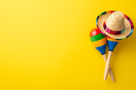 Top view photo of two colorful striped maracas with mexican hat isolated vibrant yellow backdrop with space for textの写真素材