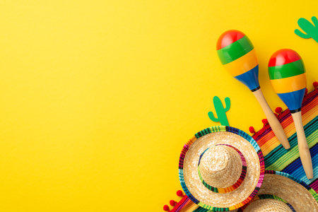Cinco-de-mayo concept. Top view photo of sombrero hats colorful striped serape cactus silhouettes and couple of maracas on isolated vibrant yellow background with empty spaceの写真素材