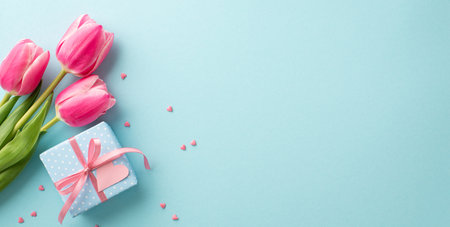 Mother's Day decoration concept. Top view photo of pink tulips small giftbox with ribbon bow and heart shaped sprinkles on isolated pastel blue background with blank spaceの写真素材
