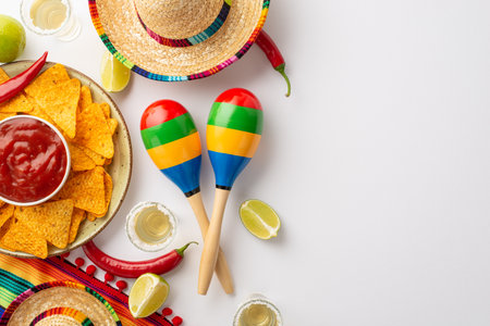 A vibrant Cinco de Mayo-inspired flat lay featuring a sombrero, poncho, maracas, tequila shots, lime, chili peppers, nacho chips, salsa on a bright yellow backdropの写真素材