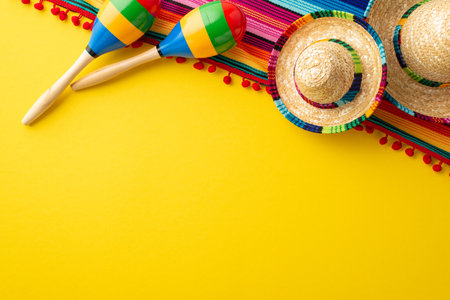 Cinco-de-mayo party concept. Top view photo of mexican traditional headwear sombrero colorful striped poncho and couple of maracas on isolated vibrant yellow background with copyspaceの写真素材