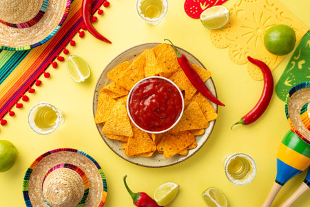 Get the party started with this festive arrangement of Mexican hat, poncho and maracas, plus tequila shots, lime wedges, chili peppers, nacho chips, and salsa. Perfect for a Cinco de Mayo celebration!の写真素材