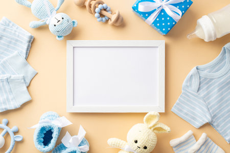 baby boy concept. Top view photo of photo frame blue shirt pants socks knitted toys tiny shoes present box milk bottle rattle and teether on isolated pastel beige background with empty spaceの写真素材