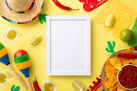 Vibrant Cinco de Mayo party concept. Mexican sombrero, colorful poncho, maracas, tequila shots, lime, chili pepper, nacho chips, salsa sauce on a bright yellow background, with empty frame for adの写真素材