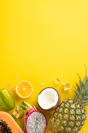 exotic paradise concept. A vibrant top vertical view flat lay view of fresh dragon fruit, papaya, pineapple, orange, carambola and coconut on a yellow background with blank spaceの写真素材