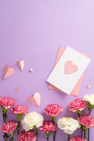 Mother's Day surprises concept. Top vertical view flat lay of pretty pink paper hearts, and carnation flowers with postcard on a soft pastel violet background with space for textの写真素材