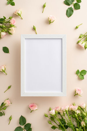 Simple beauty of small roses on a calming pastel beige background makes top vertical view flat lay an ideal backdrop for advertising or branding, with a blank frameの写真素材