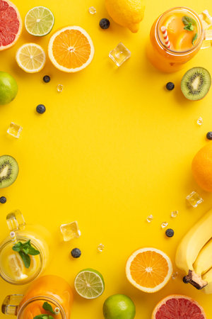 Satisfy your thirst for summer with stylish flat lay top view of citrus cocktails made with fresh oranges, lemons, limes, and grapefruits and set against a vibrant yellow background with copyspaceの写真素材