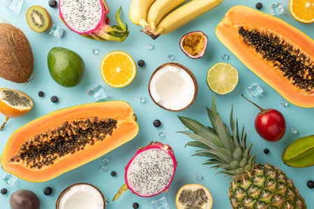 Paradise found concept. Top view of fresh dragon fruit, kiwi, papaya, pineapple, orange, lime,...