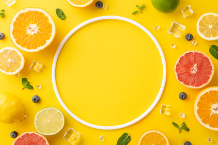fresh citrus concept. Top view of ripe oranges, lemons, limes, grapefruits, and mint leaves on a yellow background with an empty circle for advertisingの写真素材