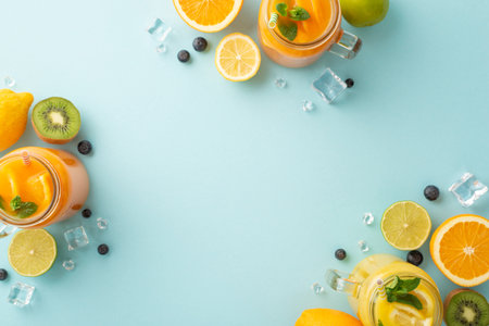 Bring a ray of sunshine with top view flat lay of citrus juices and cocktails made with fresh oranges, lemons, limes on a trendy pastel blue backdrop with empty space in middleの写真素材