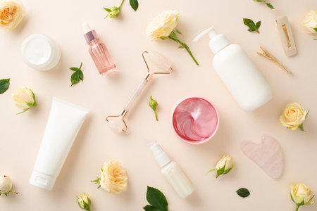 trendy skincare concept. A top view of pump bottles, serum, and massage face rollers surrounded by beautiful roses on a pastel beige backgroundの写真素材