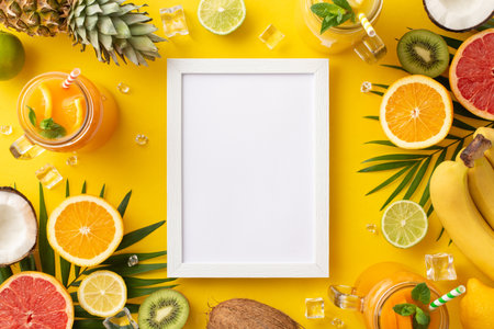 Elevate your summer beverage game with this stylish top view photo of a glass jar filled with orange, lemon, lime, grapefruit juice or cocktail, set on a sunny yellow background empty frame for textの写真素材