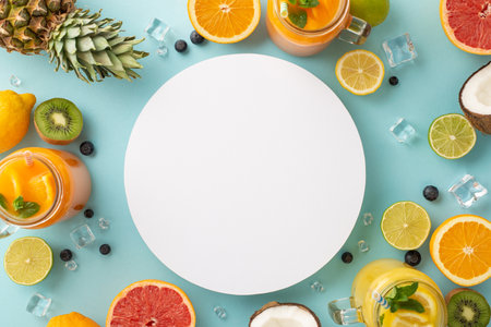 Refresh yourself this summer with flat lay top view of freshly squeezed citrus juices and cocktails featuring oranges, lemons, limes, and grapefruits on blue background with an empty circle for textの写真素材