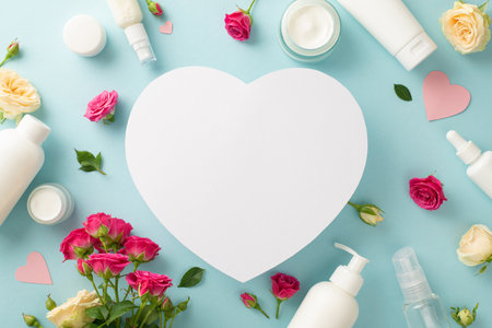 Luxurious rose skin care concept. Top view of pump bottle pipette spray and cream bottle with rose flowers on pastel blue background with empty heart for advert or copyの写真素材