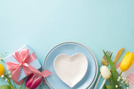 Modern Mother's day table setting concept. Top view flat lay of empty plates, cutlery, tulips, gift box, postcard on pastel blue background. Empty space for text or advertの写真素材