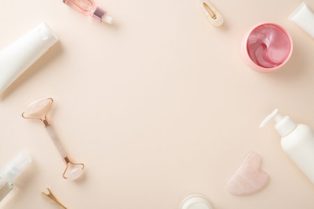 Chic skincare concept. A stylish top view flat lay of cosmetics bottles and face rollers on a pastel beige background with copy spaceの写真素材