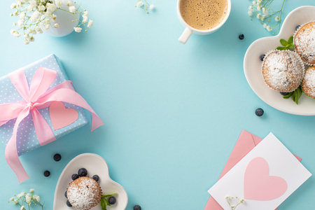 Mother's Day table setting concept. Top view of cupcakes, presents, greeting card and tulips on a pastel blue background. The empty space is perfect for a special message or advertisementの写真素材