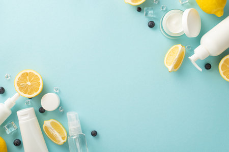 Summer citrus skincare concept. Top view flat lay of mock up cream bottles, jars, serum, pipette with lemon on pastel blue background with empty space for text or advert. Stylish and juicyの写真素材