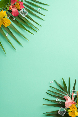 Refreshing fruit concept. Top vertical view flat lay of colorful alstroemeria flowers with palm leaves on pastel teal background with empty space for text or advertの写真素材