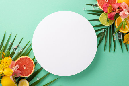 Delicious summer fruit concept. Top view flat lay of colorful alstroemeria flowers sweet orange slices, grapefruit, lime, and lemon with lush palm leaves on pastel teal background with blank circleの写真素材
