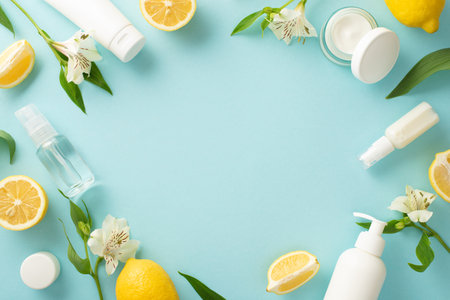 Bright fruit skincare concept. Top view flat lay of mockup cream bottles, jars, serum, pipette with lemon white flower on pastel blue background with empty space for text or advertの写真素材