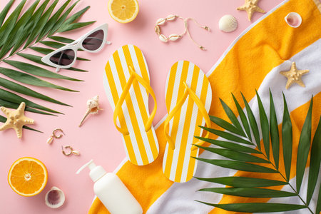 Summer stylish trend vacation concept. Top view flat lay of yellow striped flip-flops with towel...