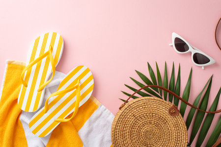 Top view of tropical vacation concept. Flat lay of yellow striped flip-flops, towel, green palm...